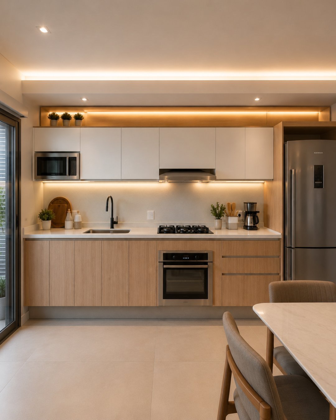 Cozinha planejada compacta em madeira clara com aéreos brancos e mesa de jantar ao lado