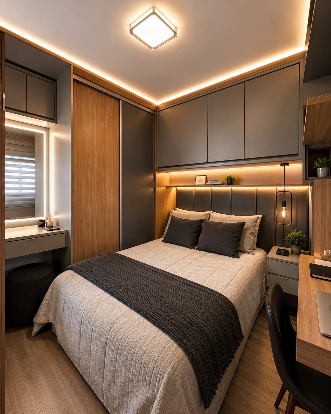 Quarto planejado com guarda-roupa sob medida e painel de madeira