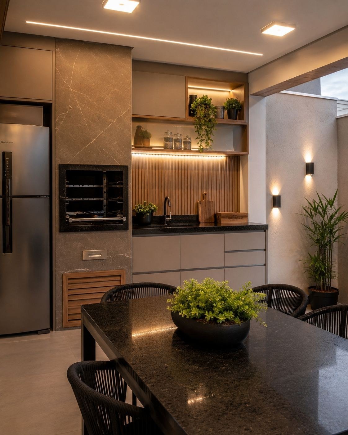 Área gourmet planejada com marcenaria, bancada e nichos para adega