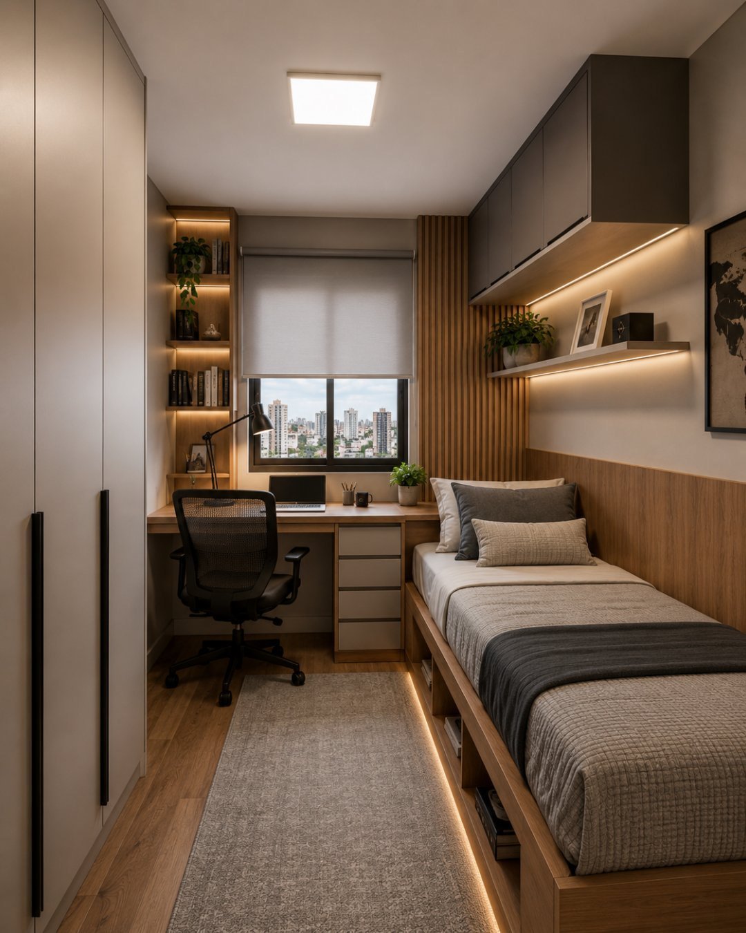 Quarto planejado com cama com gavetas, bancada de estudo e nichos iluminados