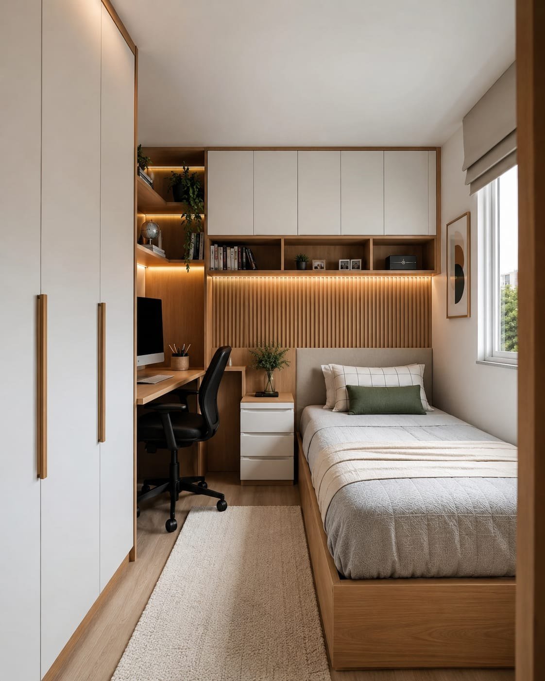 Quarto planejado com armário e bancada de trabalho integrada na mesma parede